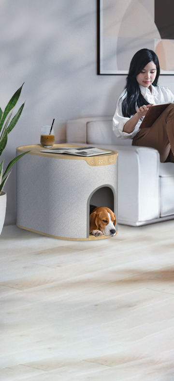 Cool Pet Homeの中でくつろぐ犬と、その隣に座る飼い主
